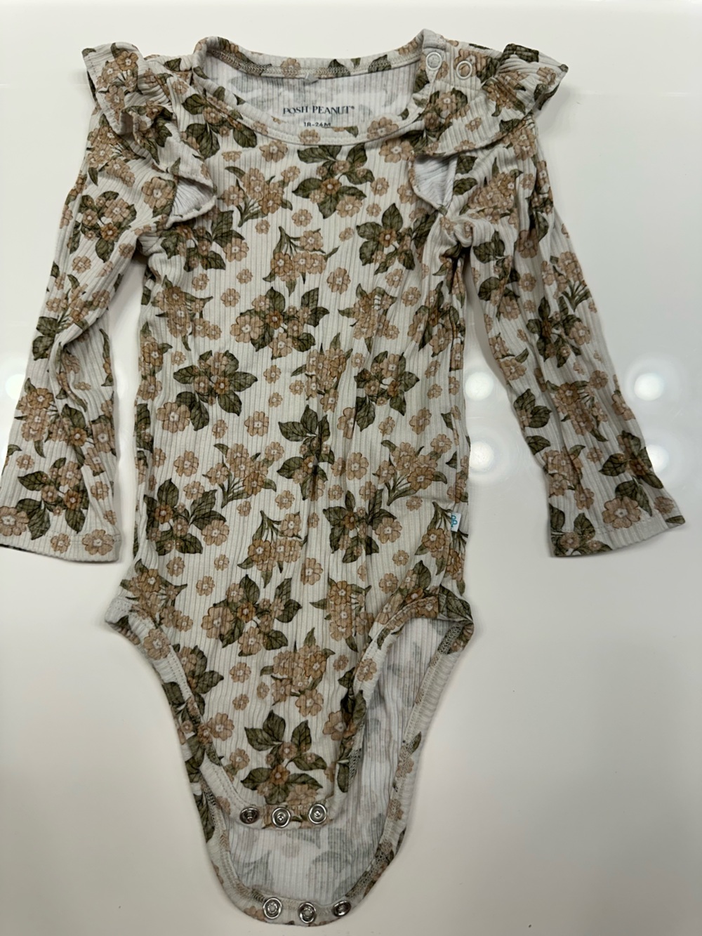 Posh Peanut Cream Floral Ribbed Long-Sleeve Onesie